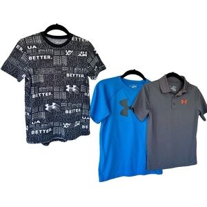 BOYS,SET/3, UNDER ARMOUR SHIRTS. GREY POLO SHIRT,LOOSE FIT, YOUTH MEDIUM(10/12).